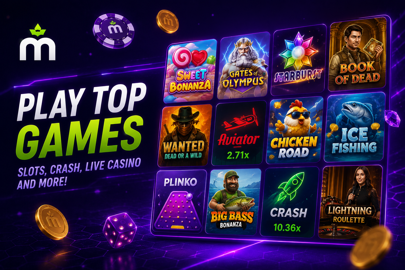 Illustrazione di una griglia di slot e giochi di casino live di MaxWin Casino