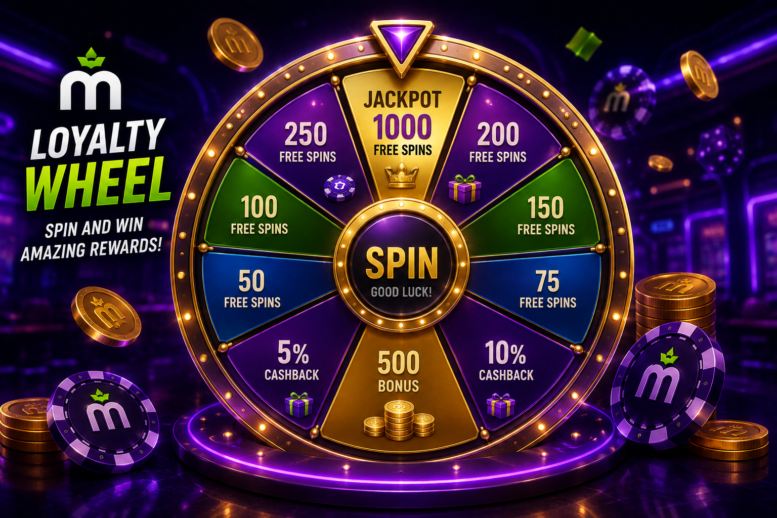 Illustrazione di una ruota della fortuna e monete che rappresentano i MaxWin Points su MaxWin Casino